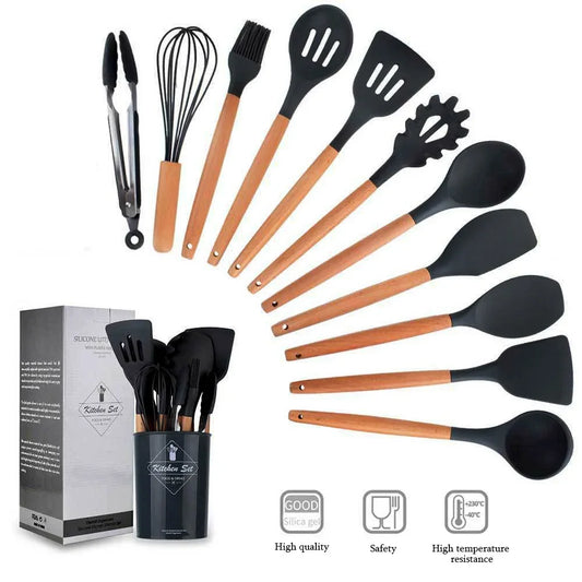 Titolo:
Set di 12 Utensili da Cucina in Silicone Antiaderenti con Manico in Legno