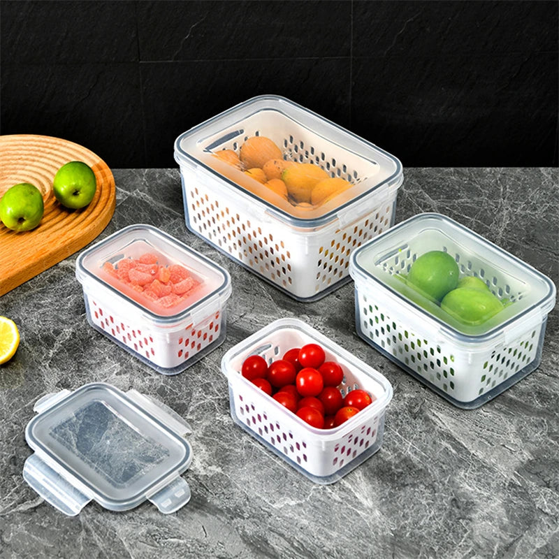 Contenitore organizer per frigorifero con cestello drenante per frutta e verdura