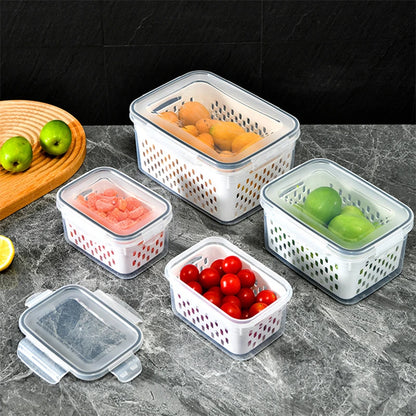 Contenitore organizer per frigorifero con cestello drenante per frutta e verdura