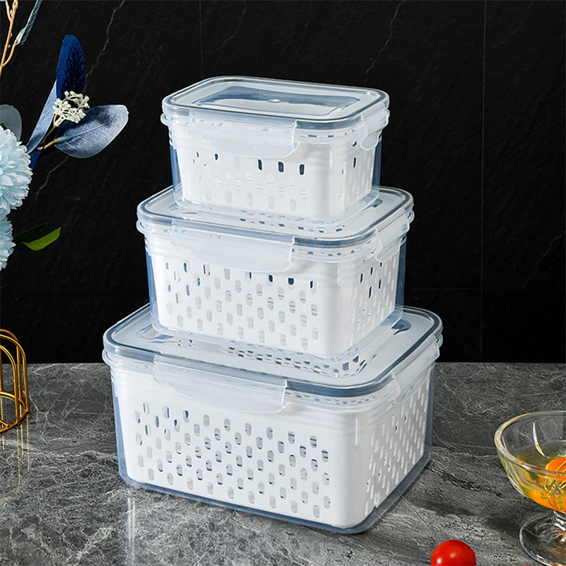 Contenitore organizer per frigorifero con cestello drenante per frutta e verdura