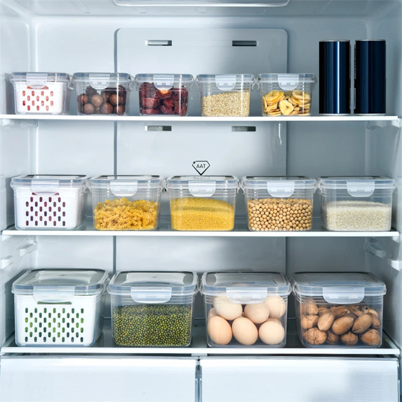 Contenitore organizer per frigorifero con cestello drenante per frutta e verdura