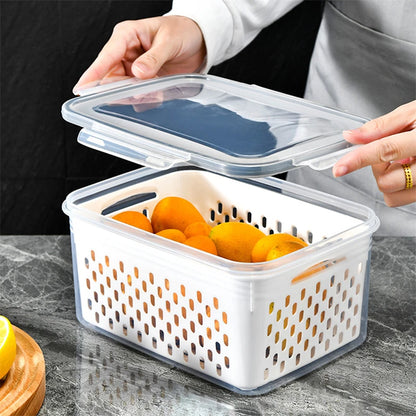 Contenitore organizer per frigorifero con cestello drenante per frutta e verdura